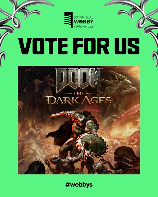 Image of The Webby Awards featuring DOOM: The Dark Ages and a call to action to, "VOTE FOR US".