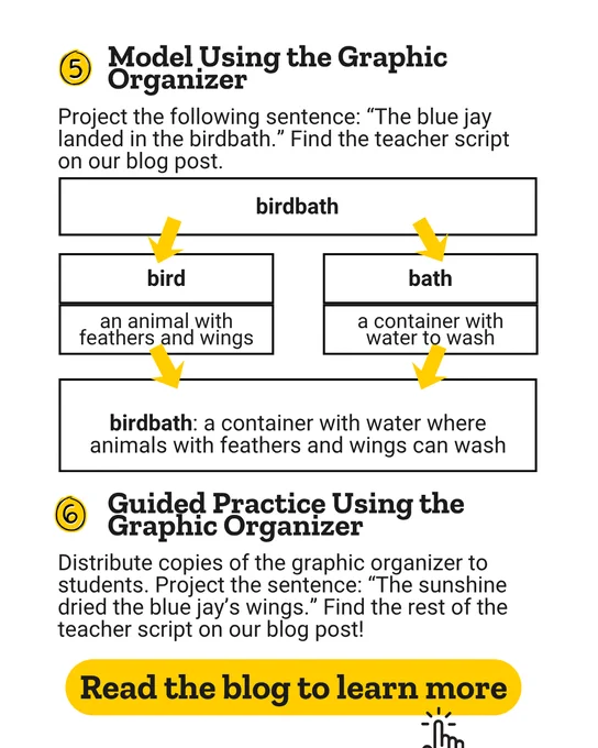 5: Model Using the Graphic Organizer
Project the following sentence: “The blue jay landed in the birdbath.” Find the rest of the teacher script on our blog post!

6: Guided Practice Using the Graphic Organizer
Distribute copies of the graphic organizer to students. Project the sentence: “The sunshine dried the blue jay’s wings.” Find the rest of the teacher script on our blog post!

Read the blog to learn more