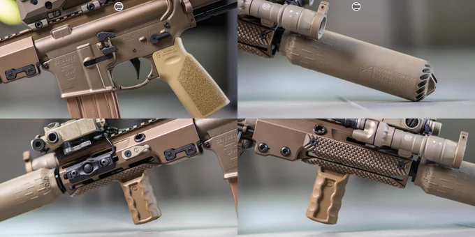 RailScales RSBM-P Polymer M-LOK VFG, G10 XOS-H & XOS-W M-LOK Scales (Matrix, TerraCore, 3-Slot Length), LAO Sling Mount, Hardtop Mount for Scout Light Pro Lights, MonoLift Riser | Geissele 8.0" 300BLK GFW SBR w/ HUXWRX Flow 762Ti Suppressor, Surefire M340V-Pro Scout Light Pro IR Light w/ CSM-07 Switch and Geissele Vampire Scout Throw Lever, Steiner Optics DBAL-I2 Laser, Dura Mag 20rd Bronze Magazine, Sig Sauer Romeo8T RDS & Juliet4 Magnifier. 