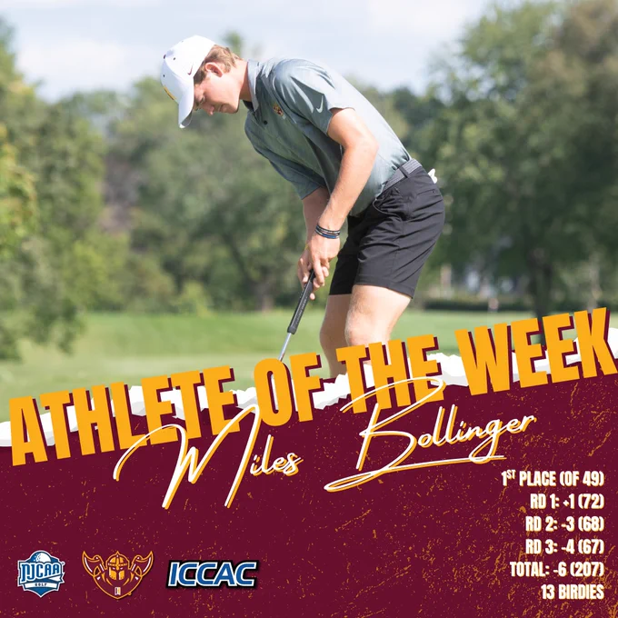 Miles Bollinger golfer graphic named Athlete of the Week, shown putting, with first-place finish and round scores listed.