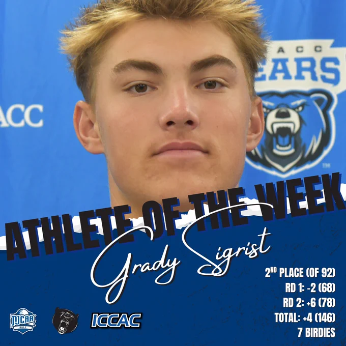 Grady Sigrist portrait graphic named Athlete of the Week, with second-place finish, total score and seven birdies listed.