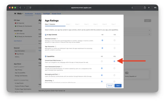 App Store Connect shows that Unrestricted Web Access has been set to YES for this app.