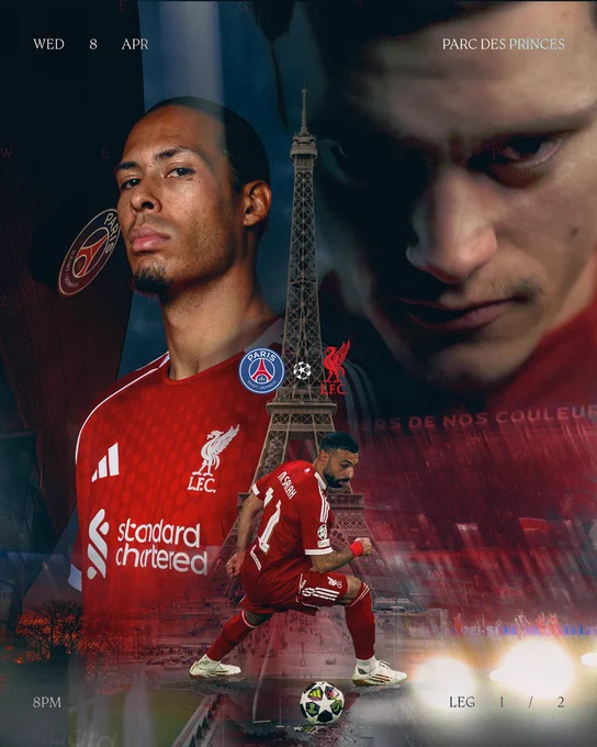 A matchday graphic for PSG v Liverpool in the Champions League quarter finals 1st leg. The graphic features, Virgil van Dijk, Florian Wirtz and Mohamed Salah, as well as shots of the Eiffel tower and the Parc des Princes. Kick-off 8pm BST Wednesday 8th April 2026.