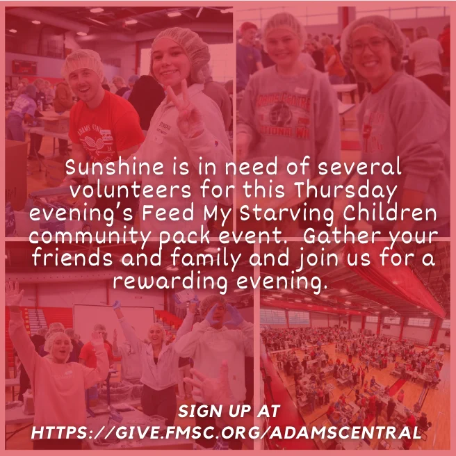 Volunteers needed for community event; smiling families gathered in a decorated venue, "Sunshine is in need of several volunteers" text on image