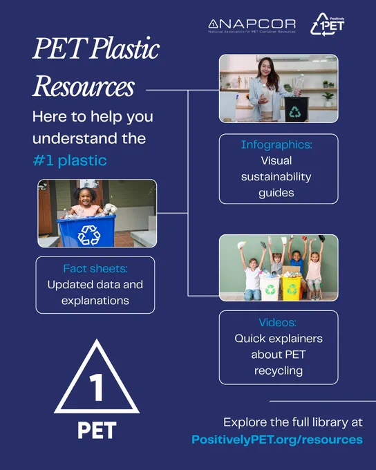 Graphic promoting Positively PET educational resources, including updated fact sheets, infographics, and videos about PET (#1) plastic. The design shows photos of people recycling and text explaining that the resources help users understand the #1 plastic, with a link to PositivelyPET.org/resources and a large PET recycling symbol (#1) at the bottom.