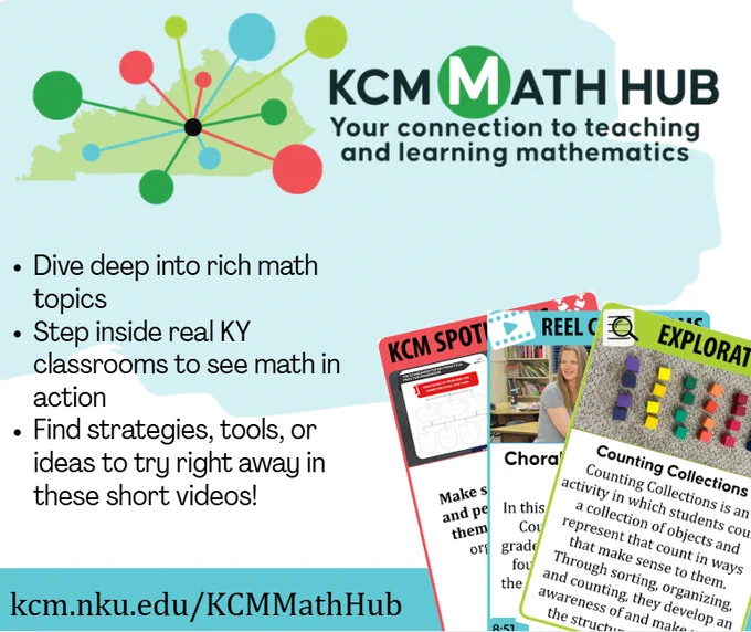 Illustration of Kentucky with multicolored points connected by lines, highlighting KCM Math Hub's math learning and teaching support.