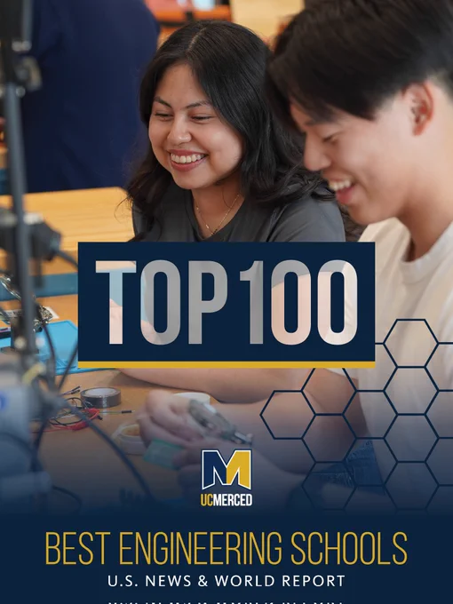 Two students performing research with text reading Top 100 Best Engineering Schools U.S. News & World Report
