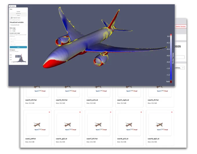 3D visualization software window showing a detailed CFD-style simulation of a commercial airplane, colored from blue to red to indicate pressure coefficient values with a scalar-value legend and histogram controls on the left, overlaid on a background grid of multiple saved simulation cases, each represented by small airplane thumbnails and case filenames.
