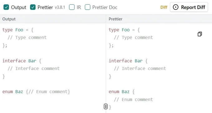 a screenshot from playground.oxc.rs displaying oxfmt and prettier output side by side. there's a button that says "report diff" because the outputs are different