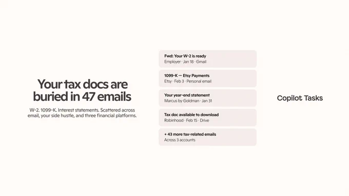 Tax documents scattered across 47 emails with items like W-2, 1099-K, and statements listed in inbox-style cards.