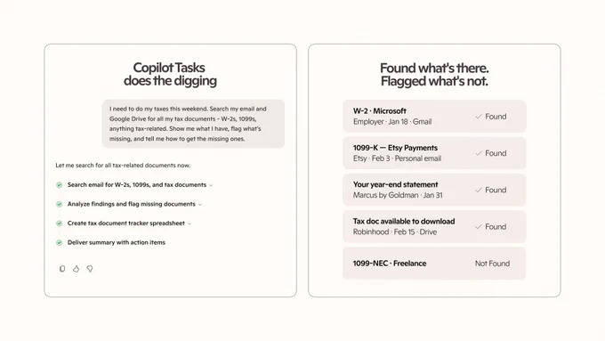Copilot Tasks interface showing automated search and organization of tax documents from email and files.