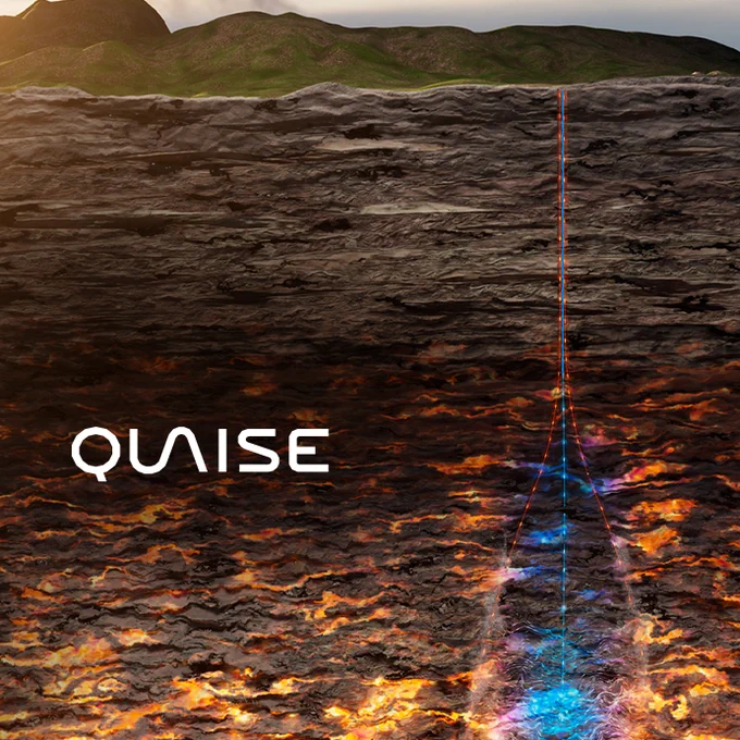 The image depicts a cross-section of the Earth showing deep drilling into the superhot layers below the surface. Bright colors illustrate heat and energy. In the top left, a lush green landscape is visible. The Quaise logo is prominently displayed.