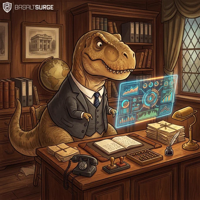 A humorous illustration of a T-Rex in a banker's suit sitting at a traditional wooden desk with a rotary phone, paper ledger, and abacus — staring confused at a holographic dashboard. Legacy finance is literally prehistoric. The tone is playful but the message is clear: the infrastructure hasn't evolved.