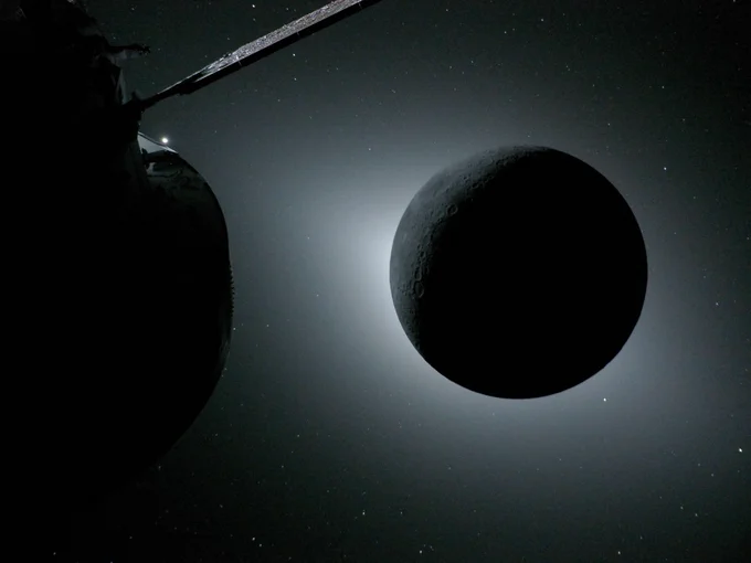 the moon during the eclipse with part of the spacecraft visible. the image also has a green tone to it