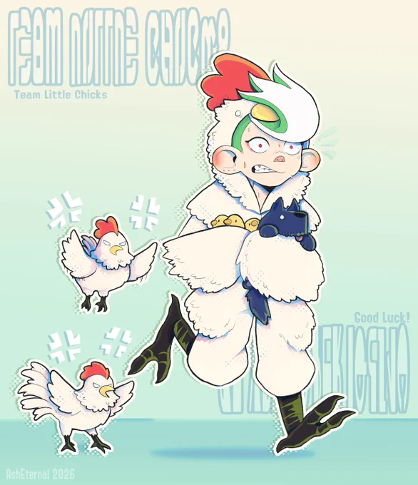 Shiver Hohojiro of Splatoon 3 fame being chased by chickens while in a chicken suit. In her arms are little chicks and a suspiciously blue dog.