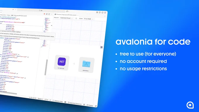 Avalonia UI VSCode extension on a blue background, highlighting features like free usage and no account requirements for coding.