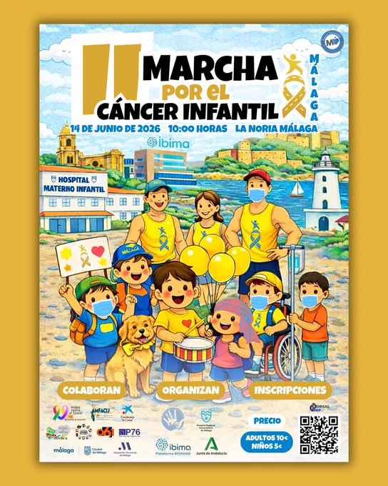 Cartel de la II Marcha por el Cáncer Infantil en Málaga. Domingo 14 de junio, 10:00h. Recorrido de 5km desde La Noria a La Térmica bajo el lema 'Cada paso cuenta'. Organizan el Hospital Regional de Málaga e IBIMA. Información e inscripciones en DorsalChip.