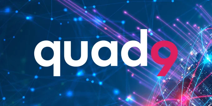 The design features "quad9" prominently against a dynamic blue background with colorful network-like lines, symbolizing digital connectivity.