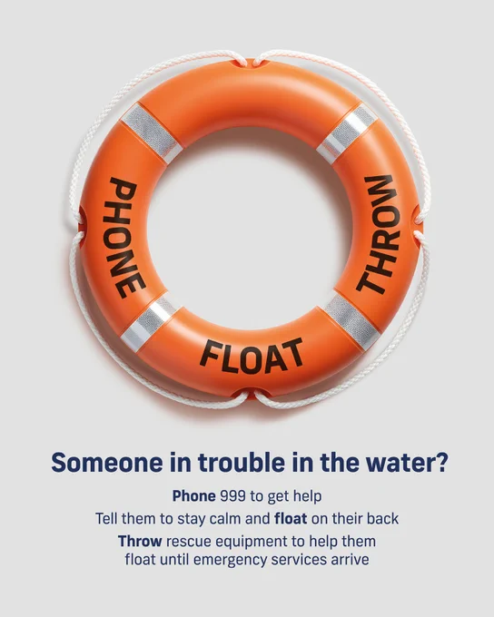 An orange lifebuoy with the words "Phone," "Float," and "Throw" written on it. Below, instructions read: "Someone in trouble in the water? Phone 999 to get help. Tell them to stay calm and float on their back. Throw rescue equipment to help them float until emergency services arrive.