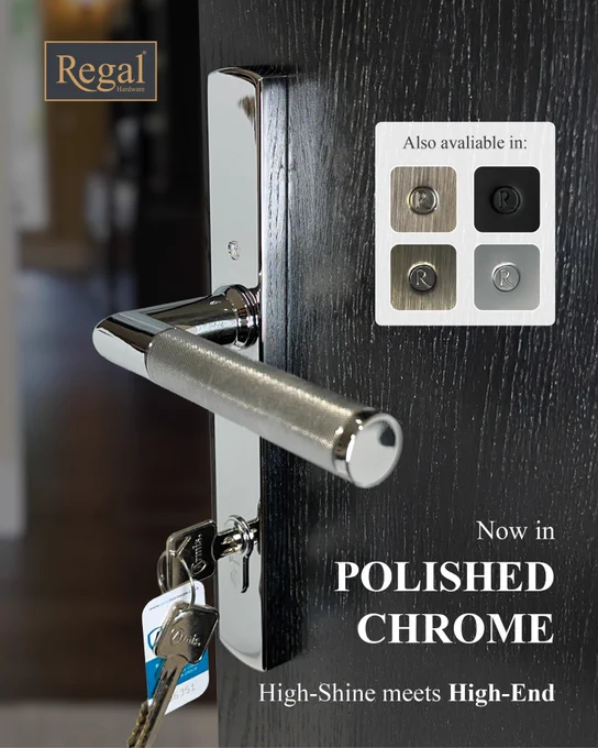 Modern polished chrome Regal Hardware door lever handle installed on a black door, highlighting its reflective surface and contemporary design.