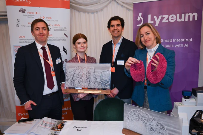 From left to right: Tristan Humphreys, Head of Advocacy and Public Affairs at Coeliac UK, Keira Shepherd, Research Manager at Coeliac UK, Dr Florian Jaeckle, Researcher in the Department of Pathology at the University of Cambridge and Chief Technology Officer, Professor Elizabeth Soilleux, Honoury Consultant Pathologist, Director of Studies and Professor at the University of Cambridge.