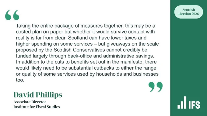 Taking the entire package of measures together, this may be a costed plan on paper but whether it would survive contact with reality is far from clear. Scotland can have lower taxes and higher spending on some services – but giveaways on the scale proposed by the Scottish Conservatives cannot credibly be funded largely through back-office and administrative savings. In addition to the cuts to benefits set out in the manifesto, there would likely need to be substantial cutbacks to either the range or quality of some services used by households and businesses too.
