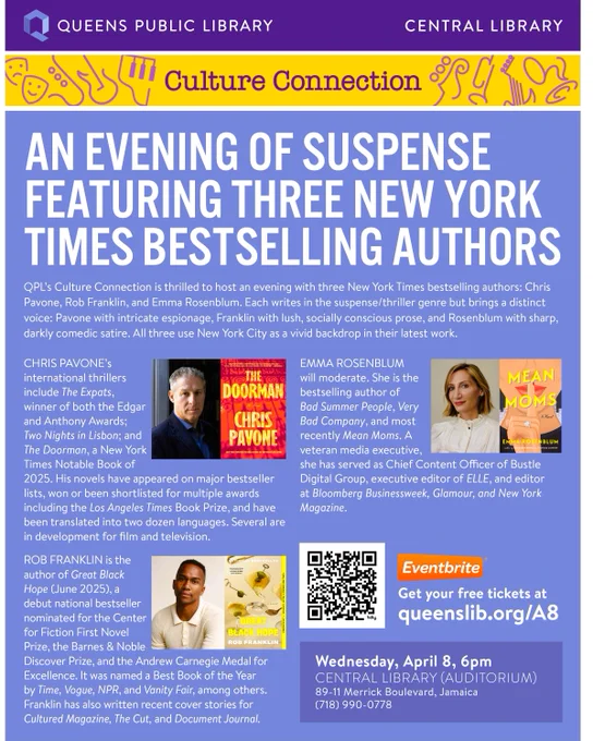 Promotional flyer for the QPL program Culture Connection: An Evening of Suspense Featuring Three New York Times Bestselling Authors.