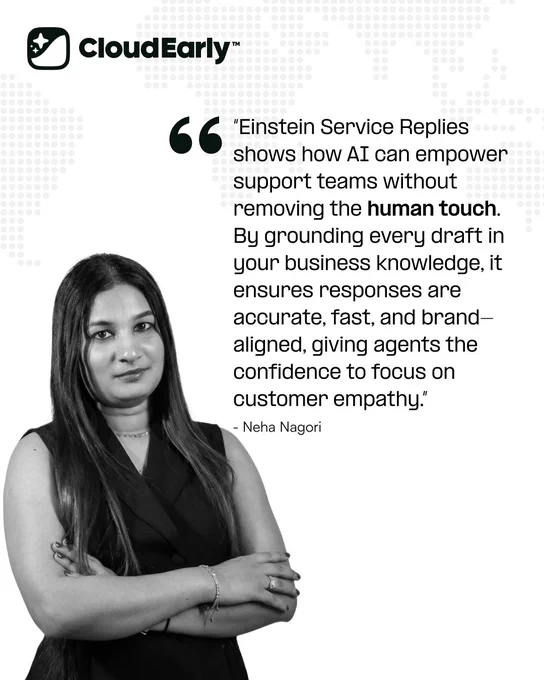 Black-and-white portrait of Neha Nagori on the left with arms crossed, alongside a quote about how Einstein Service Replies empowers support teams with AI while maintaining a human touch. CloudEarly branding appears at the top with a subtle world map background.