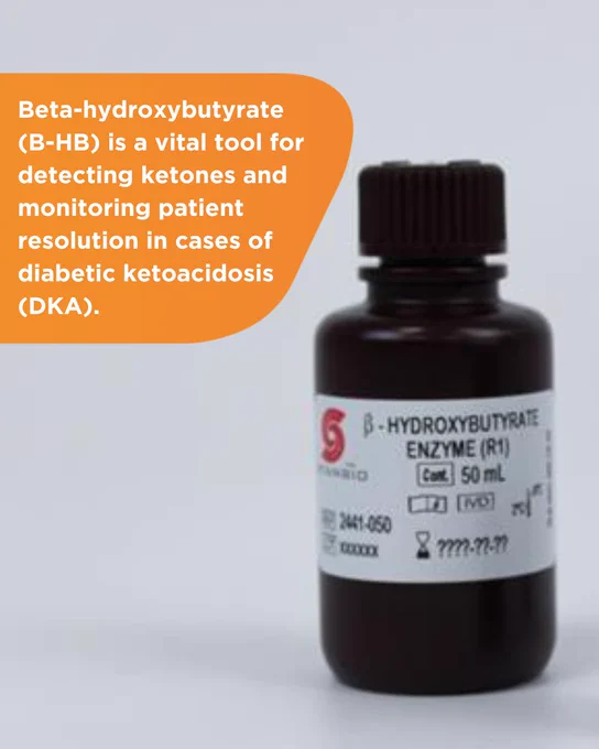Dark brown bottle labeled Beta-Hydroxybutyrate Enzyme (R1) with 50 mL content for detecting ketones in diabetic ketoacidosis cases.
"Beta-hydoxybutyrate (B-HB) is a vital tool for detecting ketones and monitoring patient resolution in cases of diabetic ketoacidosis (DKA)".