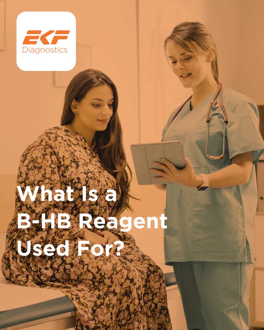 Healthcare professional in scrubs consulting a seated patient, discussing B-HB reagent usage in a clinical setting.
Text: "What Is a B-HB Reagent Used For?"