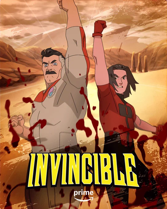 Poster for Invincible Episode 6 featuring Nolan and Oliver raising their hands up together. There’s blood from an alien bug surrounding them, and the planet where Mark fought Conquest in the background