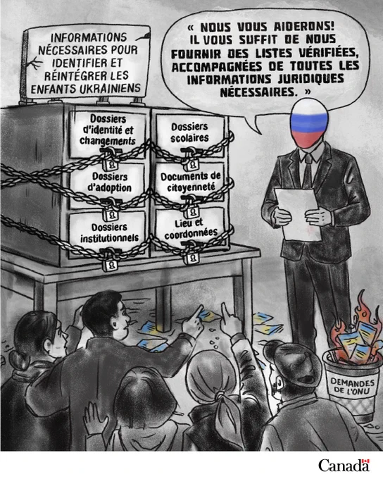 « Nous vous aiderons! Il vous suffit de nous fournir des listes vérifiées, accompagnées de toutes les informations juridiques nécessaires. » 
 
INFORMATIONS NÉCESSAIRES POUR IDENTIFIER ET RÉINTÉGRER LES ENFANTS UKRAINIENS 
Lieu et coordonnées 
Dossiers scolaires 
Dossiers institutionnels 
Dossiers d’adoption 
Documents de citoyenneté 
Dossiers d’identité et changements 