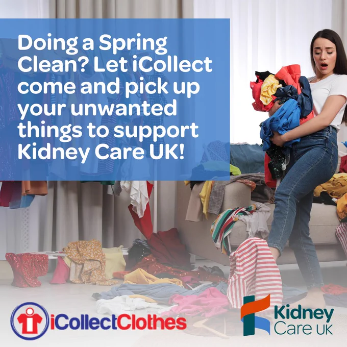 Person overwhelmed by a pile of clothes, promoting Kidney Care UK's clothing collection initiative with iCollect Clothes.
