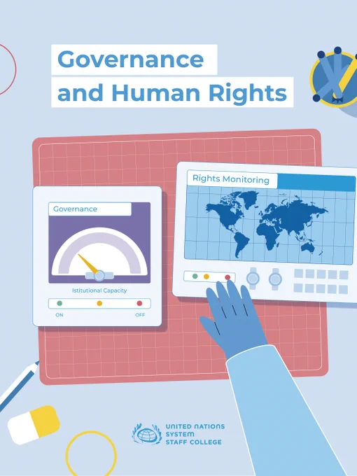 Hand interacting with digital screens displaying governance and human rights monitoring data, including a world map and institutional capacity gauge chart.