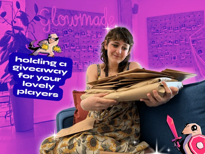 Person sitting on a couch, lovingly holding a large stack of brown paper packages against a pink-lit background, with text overlaid. Text reads: "Holding a giveaway for your lovely players."