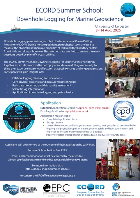 Flyer for the ECORD Summer School “Downhole Logging for Marine Geoscience,” University of Leicester, 8–14 August 2026. The flyer announces an extended application deadline of 20 April 2026 at 09:00 BST. Applications must be emailed to epc@leicester.ac.uk. 