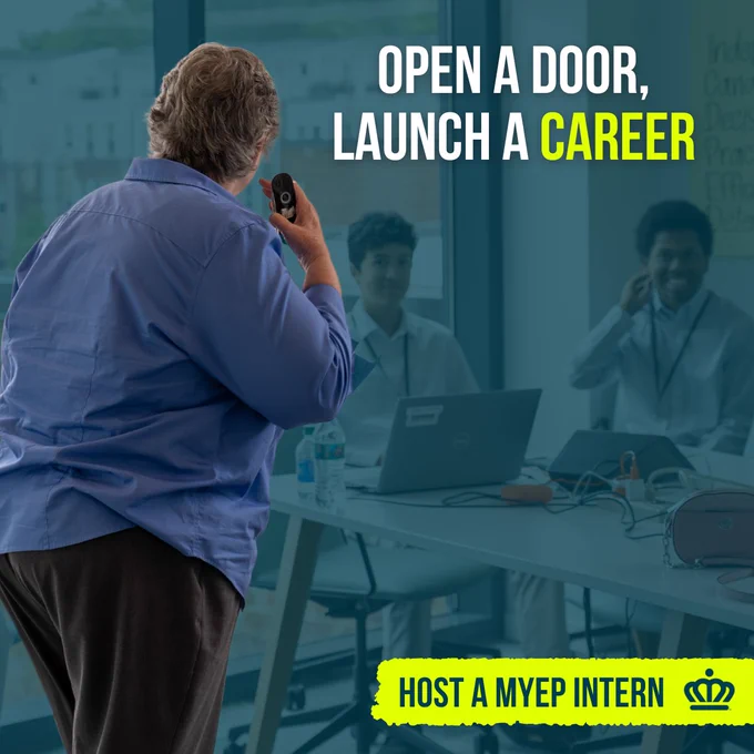 A graphic featuring a woman talking to youth. The woman is clearly visible while the youth are obscured by a hazy blue filter. Text reads 'Open a Door, Launch a Career' and 'Host a MYEP Intern' next to the Charlotte crown.