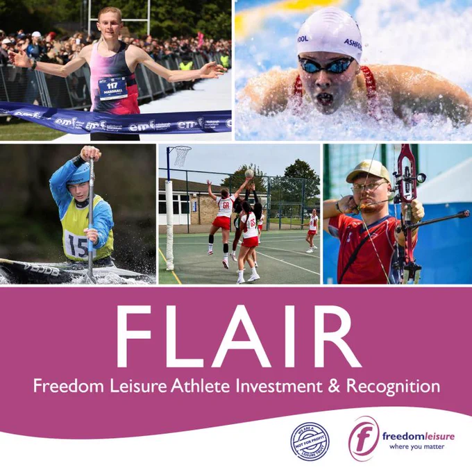 A collage of five images of people taking part in different sports. A banner reads 'FLAIR, Freedom Leisure Athlete Investment & Recognition' with Freedom Leisure logo.