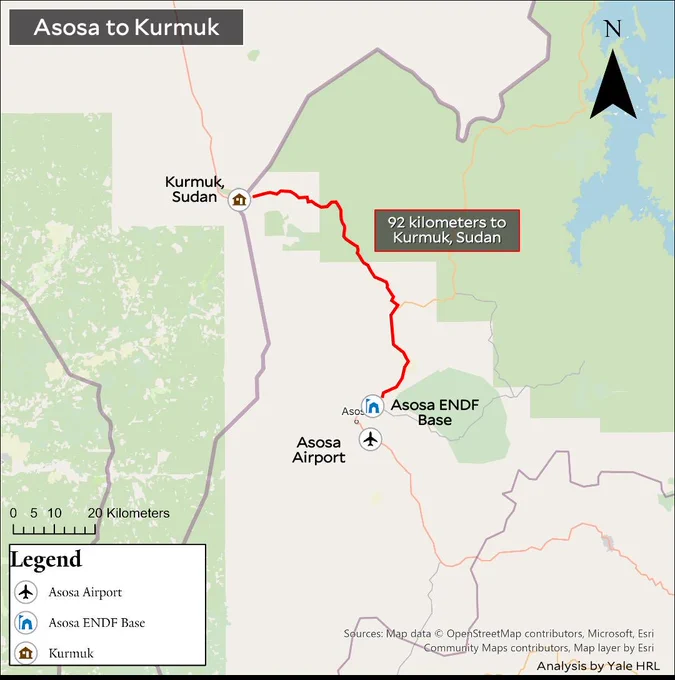 Map of Asosa, Ethiopia to Kurmuk, Sudan along B-40 road.

Map Data © OpenStreetMap Contributors, Microsoft, Esri Community Map Contributors, Map Layer by Esri. Analysis by Yale HRL.

The map shows the location of the Asosa ENDF base and Asosa airport in Ethiopia in relation to the main road to Kurmuk, Sudan. The Asosa ENDF base is approximately 92 kilometers to Kurmuk, Sudan.