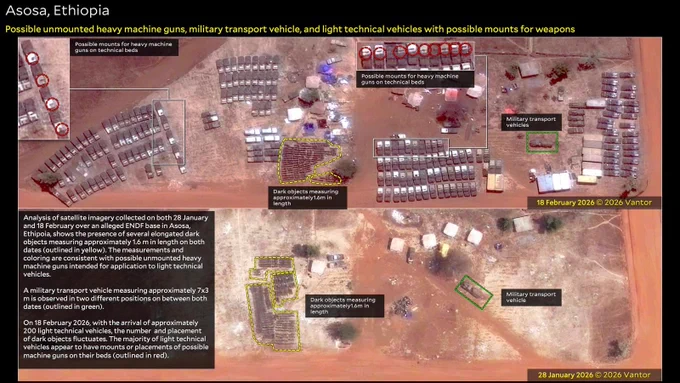 Asosa, Ethiopia

Possible unmounted heavy machine guns, military transport vehicle, and light technical vehicles with possible mounts for weapons

Copyright: Satellite Imagery 28 January, 18 February 2026 © 2026 Vantor

Analysis of satellite imagery collected on both 28 January and 18 February over an alleged ENDF base in Asosa, Ethipoia, shows the presence of several elongated dark objects measuring approximately 1.6 m in length on both dates (yellow). The measurements and coloring are consistent with possible unmounted heavy machine guns intended for application to light technical vehicles. 

A military transport vehicle measuring approximately 7x3 m is observed in two different positions on between both dates (green).

On 18 February 2026, with the arrival of approximately 200 light technical vehicles, the number  and placement of dark objects fluctuates. The majority of light technical vehicles appear to have mounts or placements of possible machine guns on their beds (red).