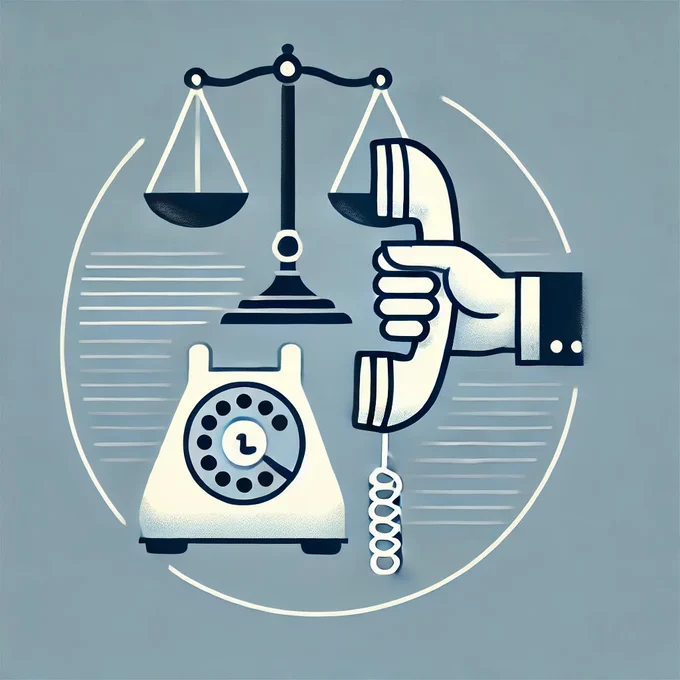 Illustration of a justice helpline concept featuring a weighing scale, a hand holding a telephone receiver, and a vintage rotary phone, symbolizing legal support, communication, and access to justice.