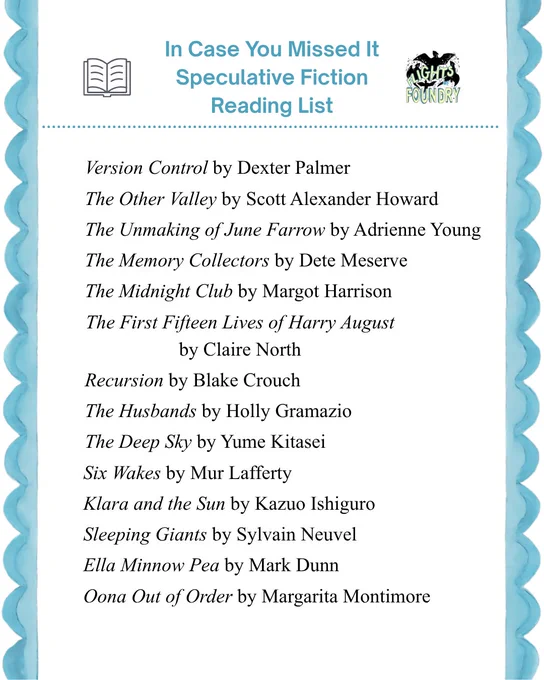 In Case You Missed It Speculative Fiction Reading List
Version Control (2016) by Dexter Palmer
The Other Valley (2024) by Scott Alexander Howard
The Unmaking of June Farrow (2023) by Adrienne Young
The Memory Collectors (2025) by Dete Meserve
The Midnight Club (2024) by Margot Harrison
The First Fifteen Lives of Harry August (2014) by Claire North
Recursion (2019) by Blake Crouch
The Husbands (2024) by Holly Gramazio
The Deep Sky (2023) by Yume Kitasei
Six Wakes (2017) by Mur Lafferty
Klara and the Sun (2021) by Kazuo Ishiguro
Sleeping Giants (2016) by Sylvain Neuvel
Ella Minnow Pea (2001) by Mark Dunn
Oona Out of Order (2020) by Margarita Montimore
