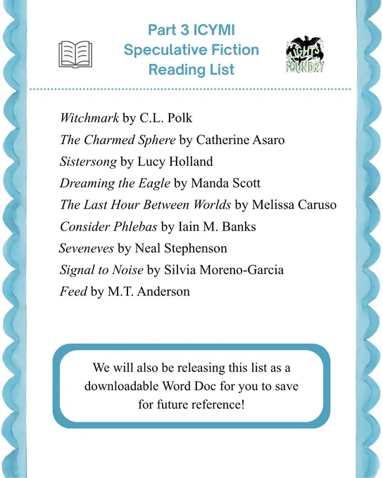 Part 3 ICYMI
Speculative Fiction Reading List
Witchmark (2018) by C.L. Polk
The Charmed Sphere (2004) by Catherine Asaro
Sistersong (2021) by Lucy Holland
Dreaming the Eagle (2003) by Manda Scott
The Last Hour Between Worlds (2024) by Melissa Caruso
Consider Phlebas (1987) by Iain M. Banks
Seveneves (2015) by Neal Stephenson
Signal to Noise (2022) by Silvia Moreno-Garcia
Feed (2010) by M.T. Anderson