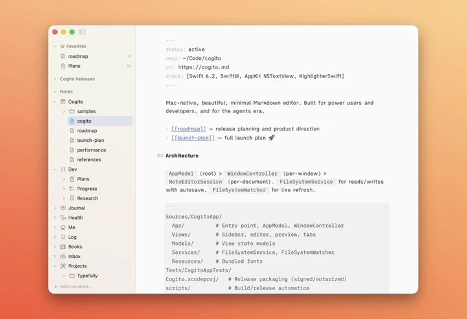 A screenshot of a Cogito, a Markdown editor app for Mac, with a minimal interface showing project details, architecture, and navigation on a gradient orange background.