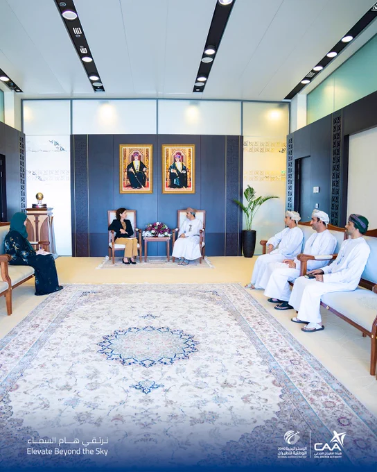 An image showing the President of the Civil Aviation Authority and the Ambassador of the Kingdom of the Netherlands accredited to the Sultanate of Oman, alongside a number of officials from both sides, during the meeting.