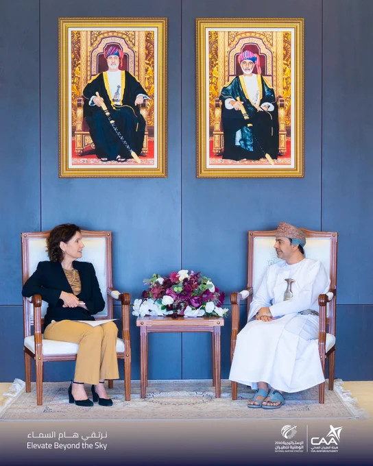 An image showing the President of the Civil Aviation Authority and the Ambassador of the Kingdom of the Netherlands accredited to the Sultanate of Oman, during the meeting.