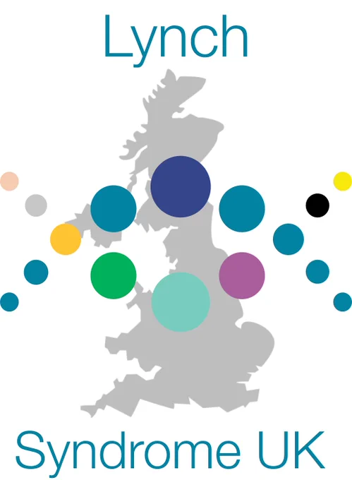 Lynch Syndrome UK logo featuring an outline map of the UK with colourful spots in a helix shape.