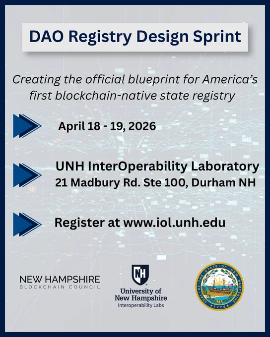 Graphic with NH state seal and UNH logos with cyber-looking background with info about the DAO Registry Design Sprint. 