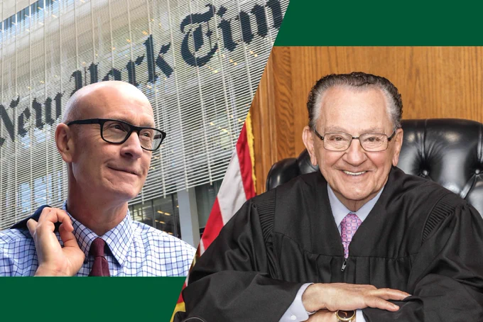 Man in business attire standing outside the New York Times building holding his jacket over his shoulder and a Judge seated in courtroom wearing black robe with American flag and wood paneling in background.
