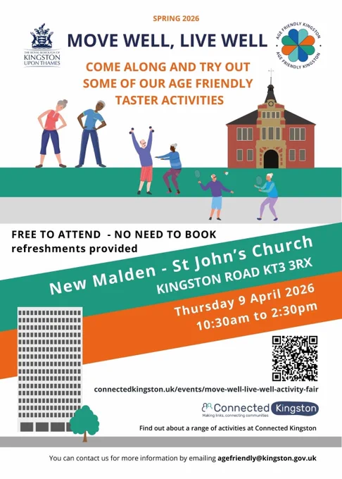 Free Move Well Live Well event taking place 9 April 10.30am-2.30pm at St John's Church on Kingston Road, New Malden 